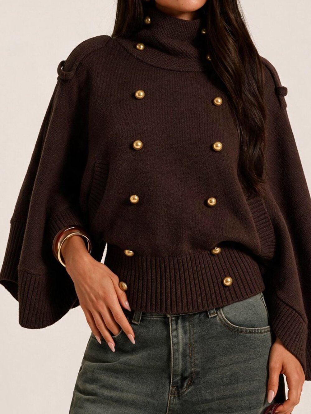 Brown Casual Women's Double Breasted Cape Sweater